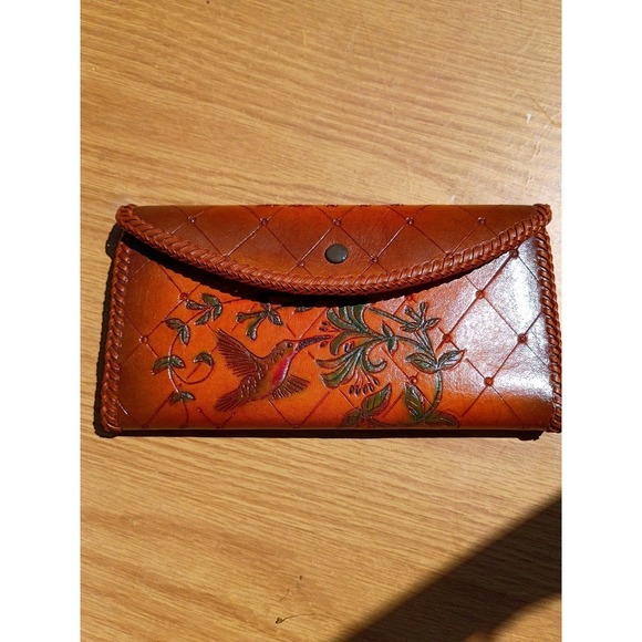 Handmade Handbags - Vintage Hand Tooled Leather Hummingbird Floral Wallet Customized Betty Name 7...